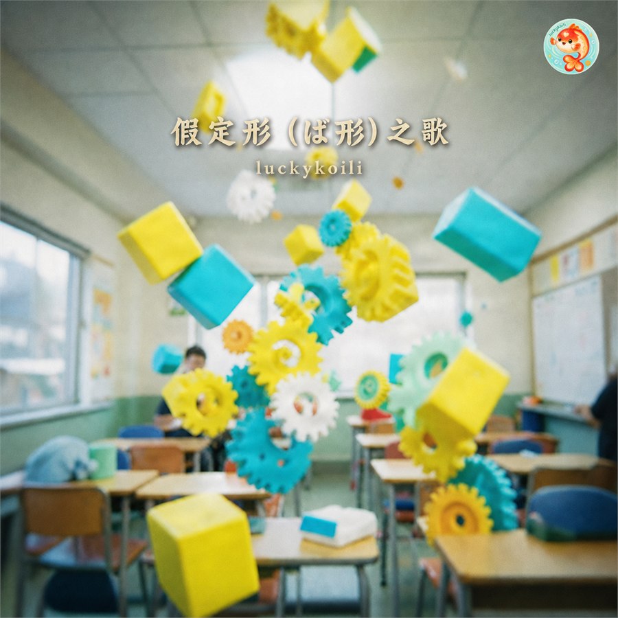 《ば形之歌》封面：教室中漂浮的彩色方块和齿轮